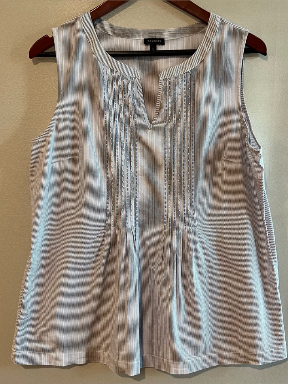 Talbots Blue White Pinstripe Sleeveless Pintuck Pleated Shell Top Size Large